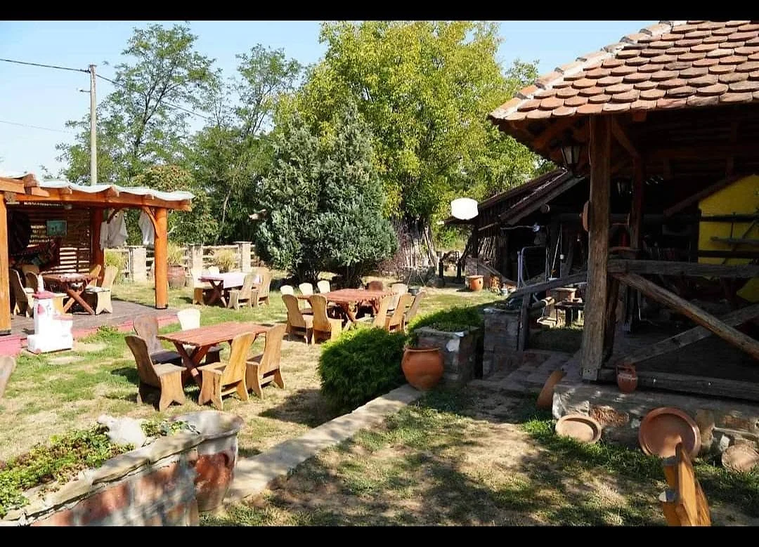 Prostrano dvorište etno sela sa baštom i brvnarama