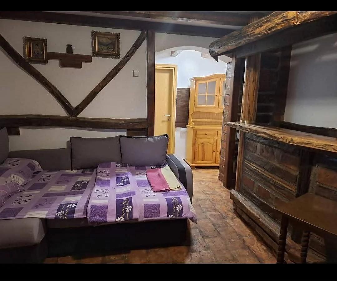 Udobna soba sa drvenim krevetom i ljubičastim detaljima
